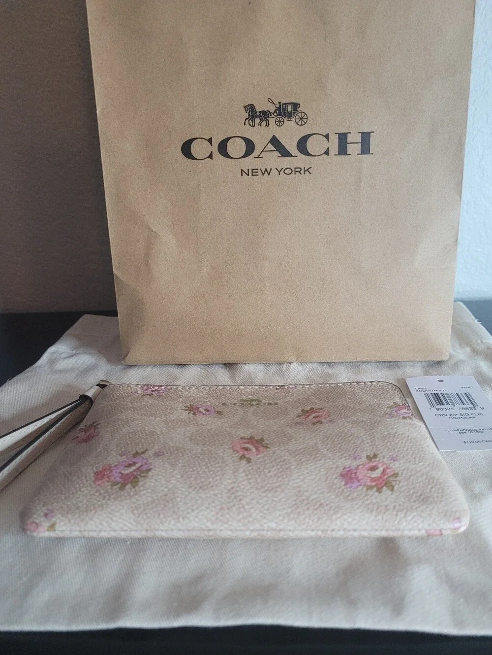 Coach Cream Floral Wristlet Pouch with Pink Roses - Picture 5 of 12
